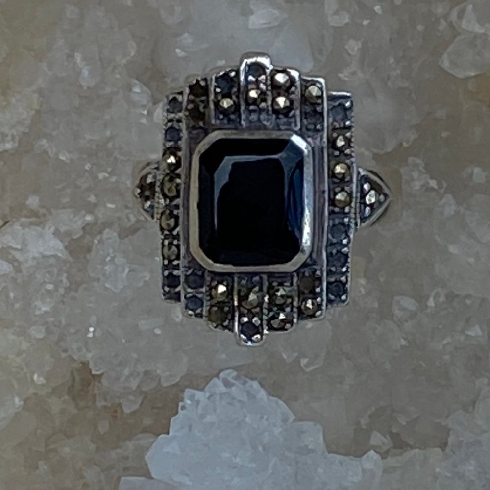 Sterling Silver with Marcasites and Onyx? Approx. Size 6